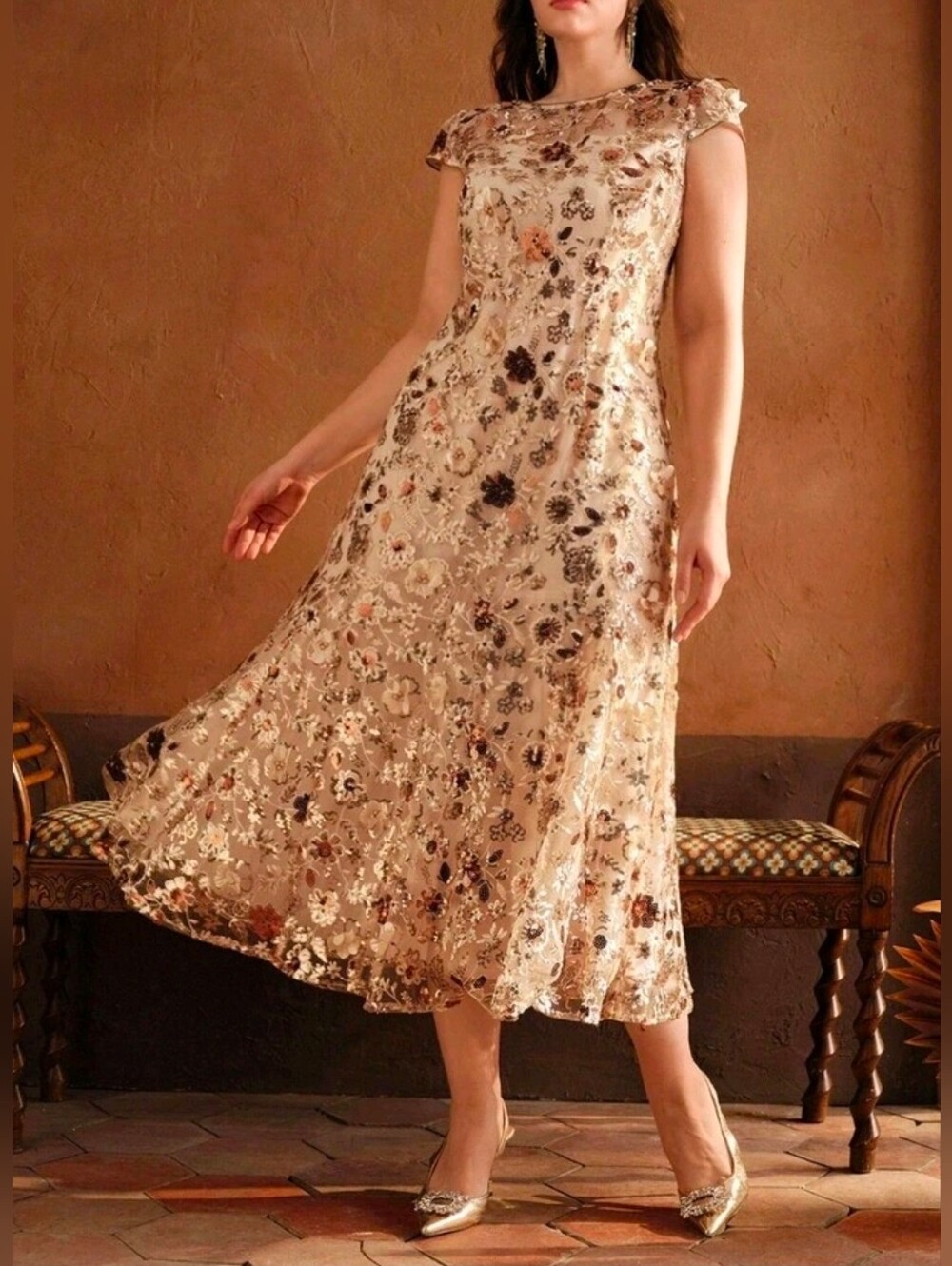 New Embroidered Floral Sequin Flare Skirt Midi Dress PLUS Champagne Ivory Gold
